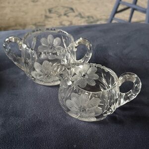 Elegant Clear Glass Sugar Bowl and Creamer with Floral Design